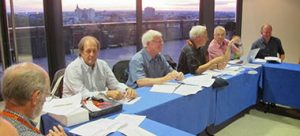 AGM in Toulouse, 15/09/13; Council member and regular contributor to our magazine David Wadham, delegate for Serbia Krsta Paskovic, secretary Dave MacDougall, president Dave Ballinger, vice-president David Edwards-May and Russell Thompson of Scottish Canals, presenting the case for hosting the WCC in Inverness, Scotland
